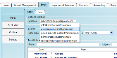 The main email suite showing multiple email mailboxes set up at the practice that can be switched between instantly