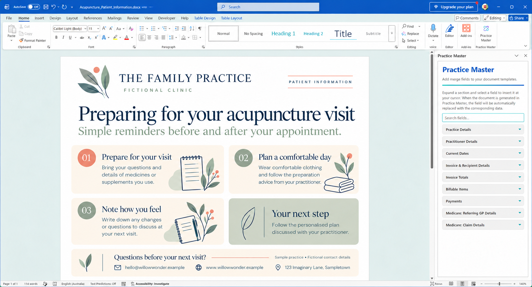 Acupuncture patient information sheet open in Word with the Practice Master add-in