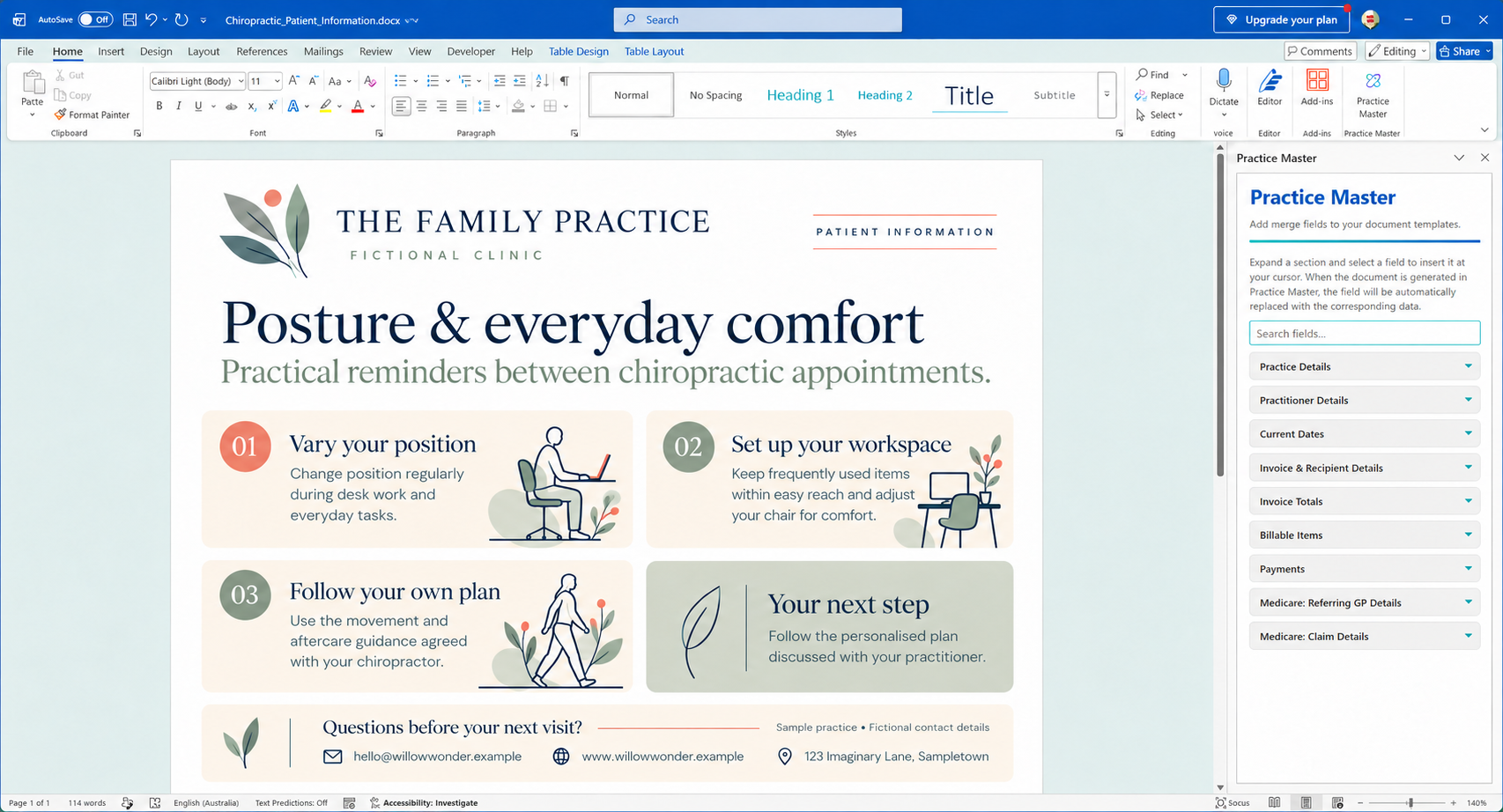 Chiropractic patient information sheet open in Word with the Practice Master add-in