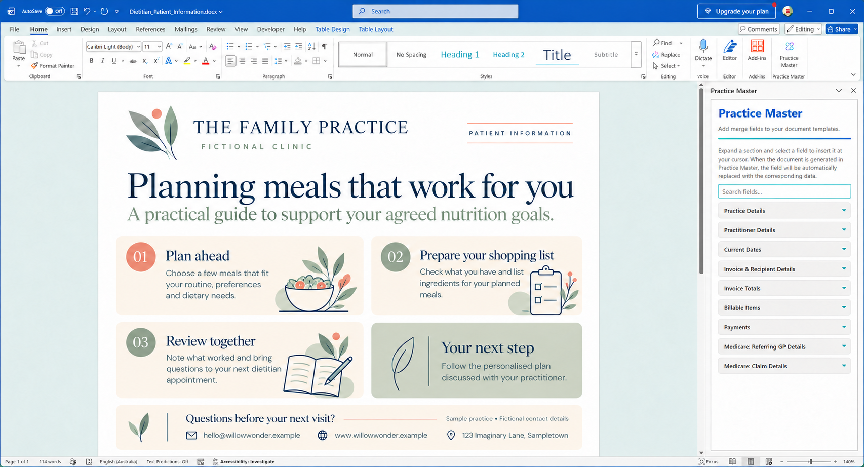 Dietitian patient information sheet open in Word with the Practice Master add-in