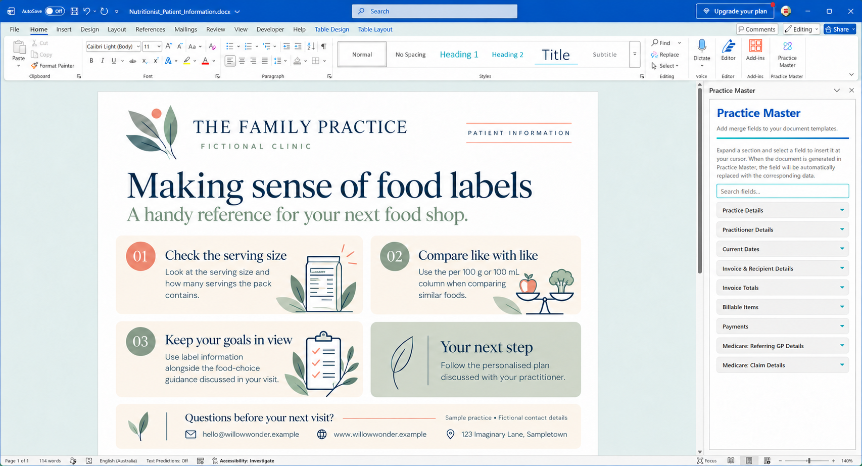 Nutritionist patient information sheet open in Word with the Practice Master add-in