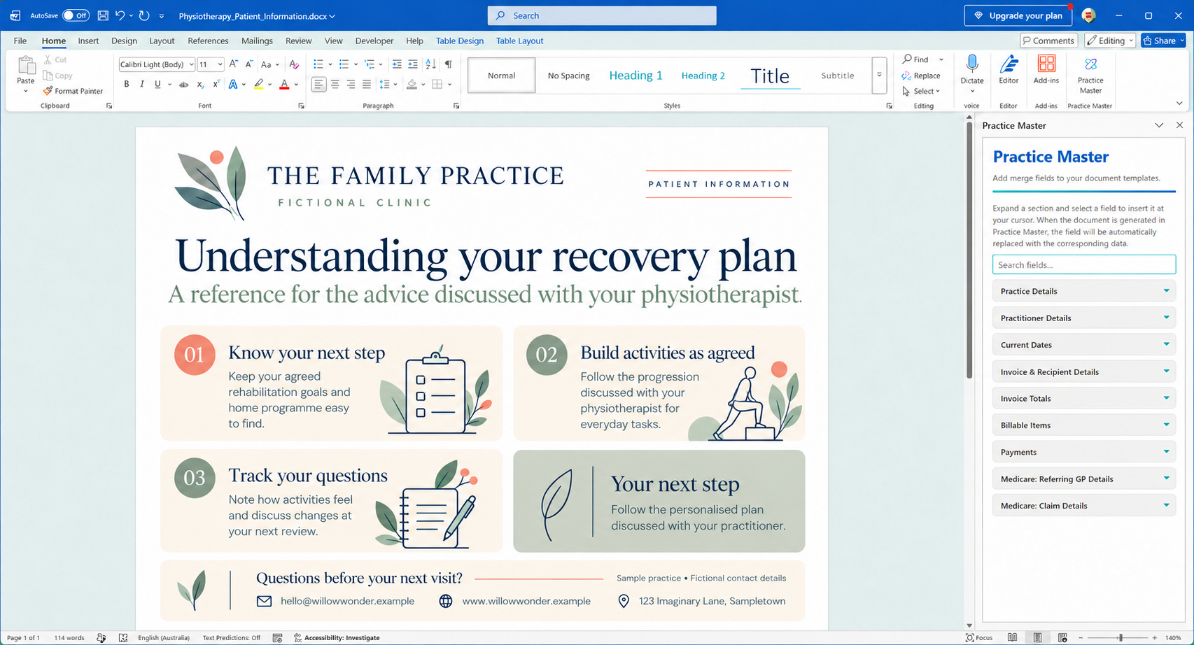 Physiotherapy patient information sheet open in Word with the Practice Master add-in