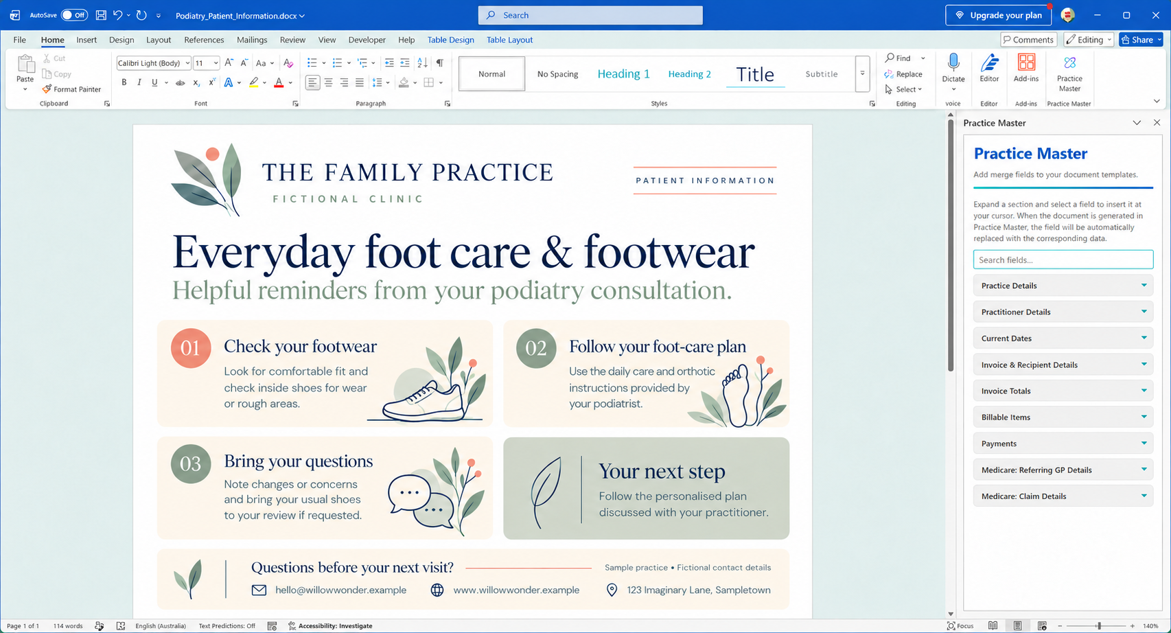 Podiatry patient information sheet open in Word with the Practice Master add-in