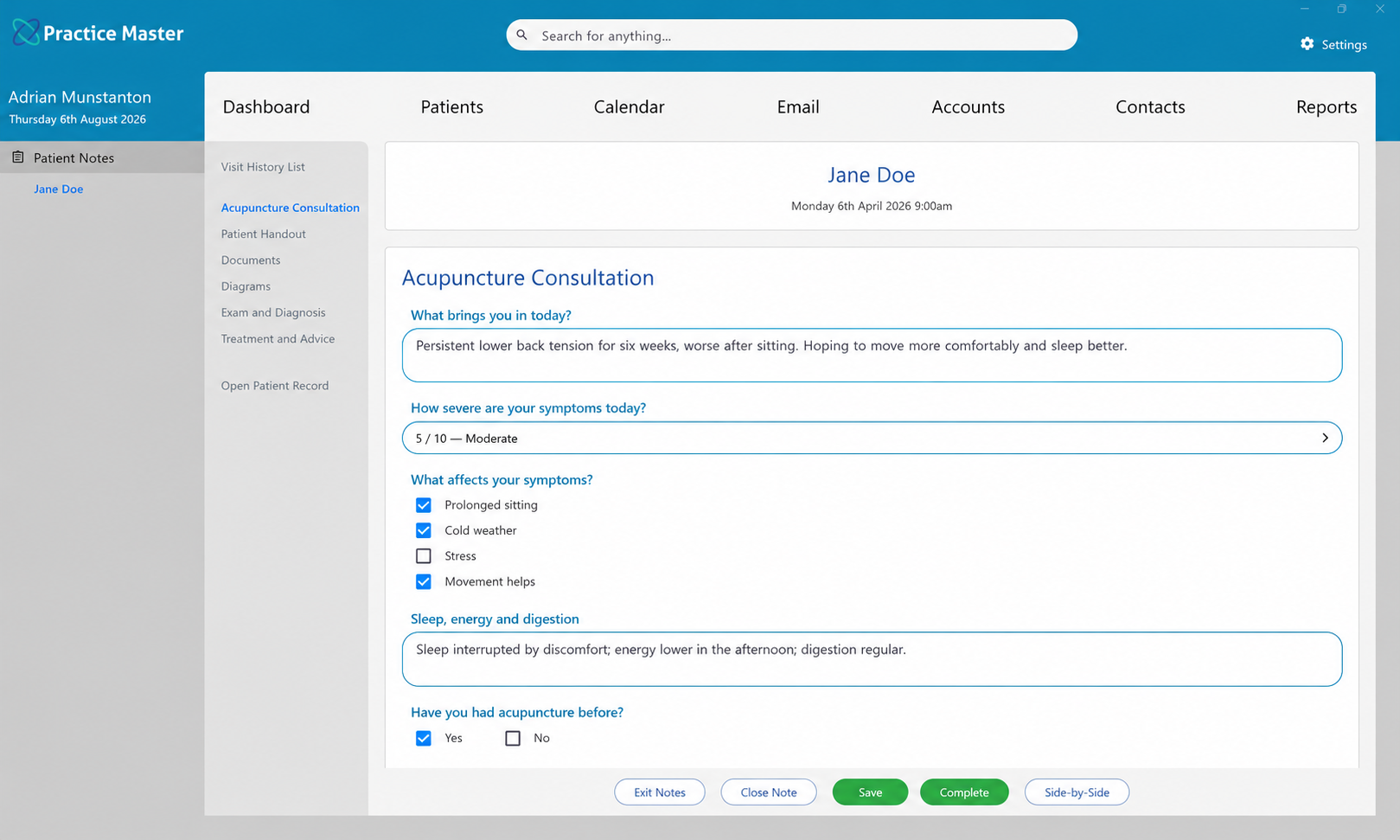 The acupuncture patient notes template open in the software
