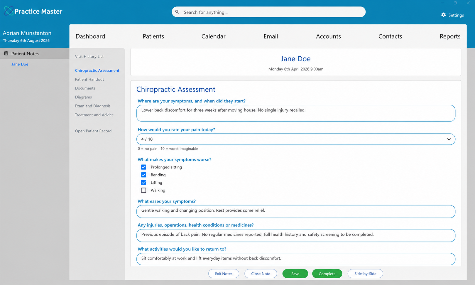 Custom chiropractic consultation template open in patient notes