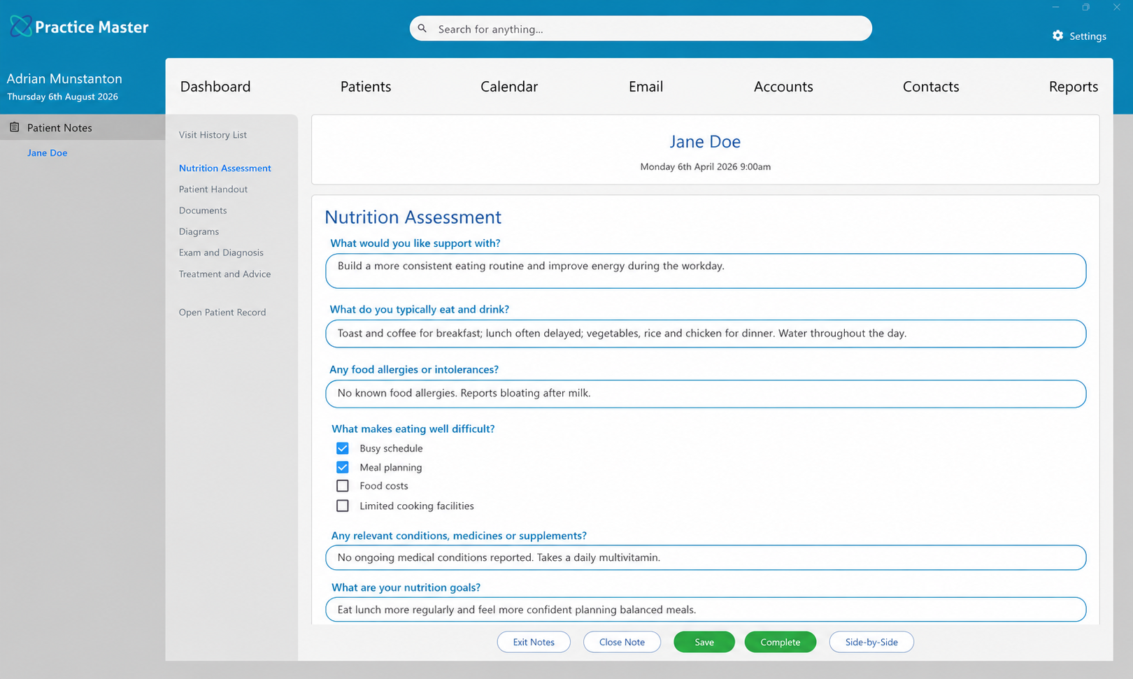 Custom dietitian assessment template open in patient notes