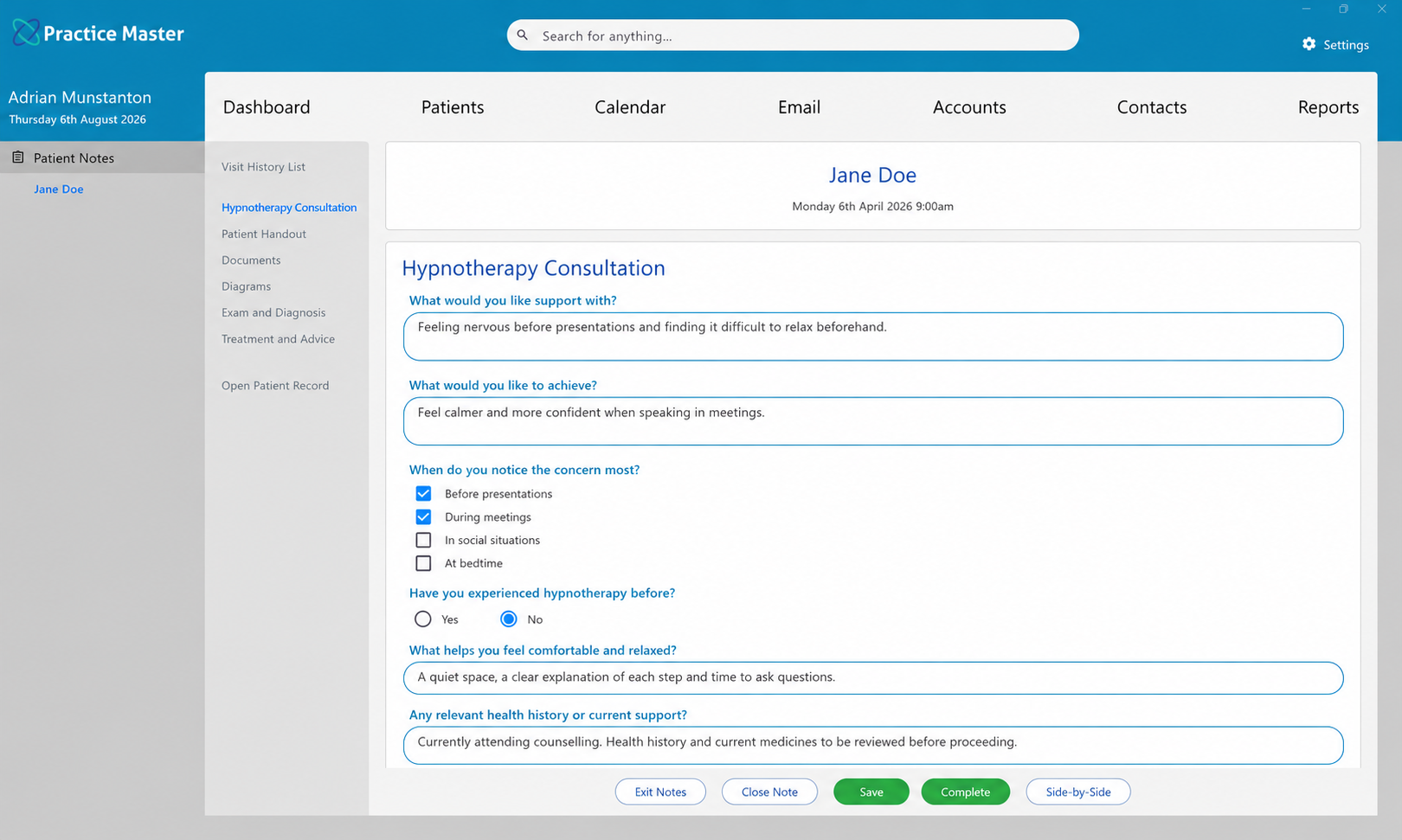Custom hypnotherapy session template open in patient notes