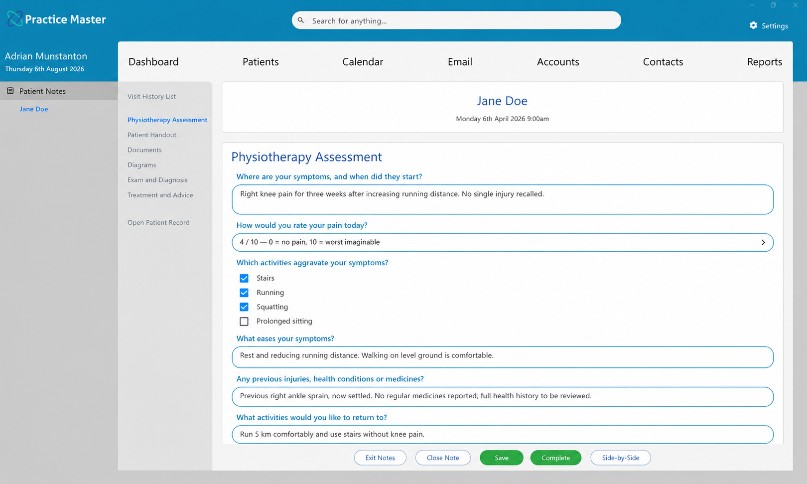 Custom physiotherapy assessment template open in patient notes