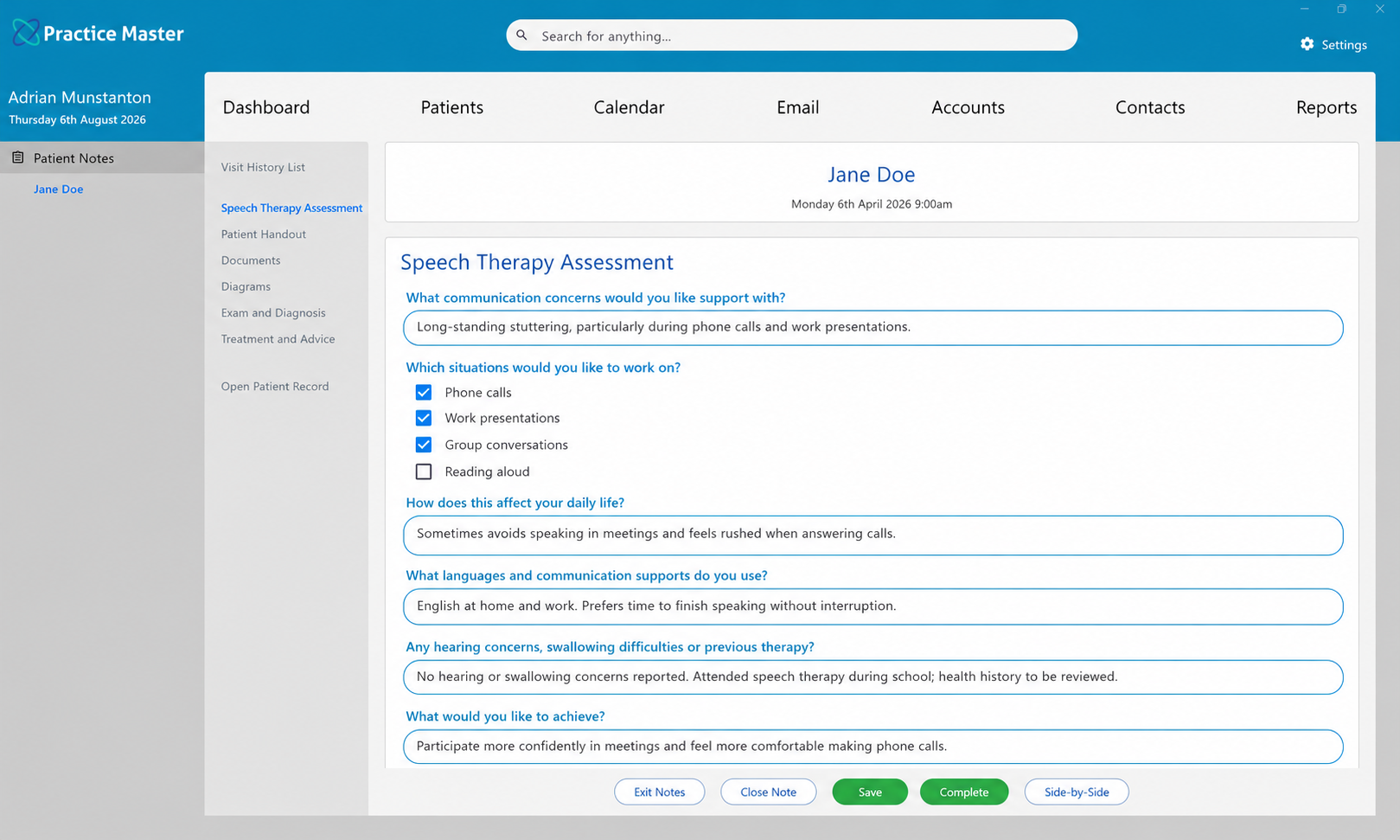 Custom speech therapy session template open in patient notes