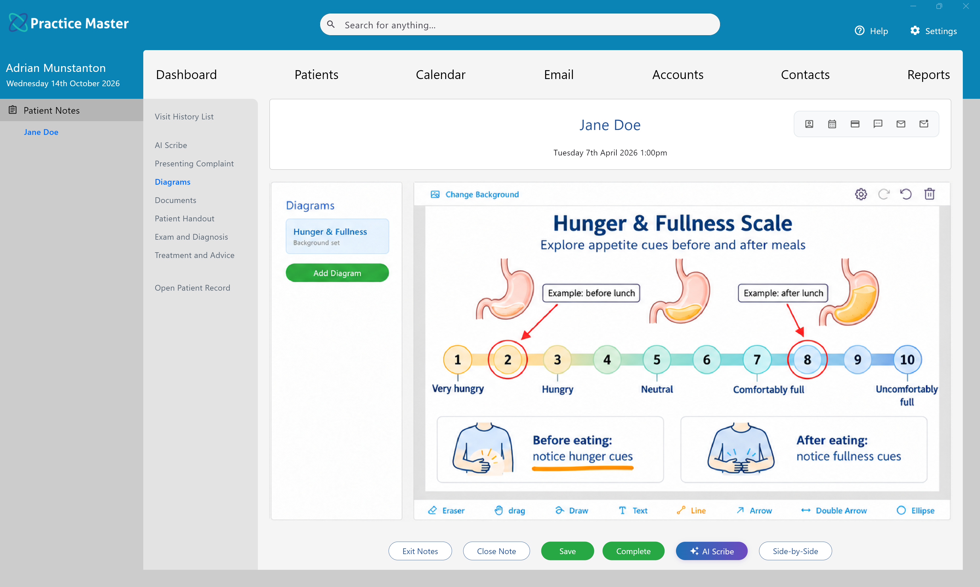 Diagrams tab showing dietitian diagrams in Practice Master Pro patient notes