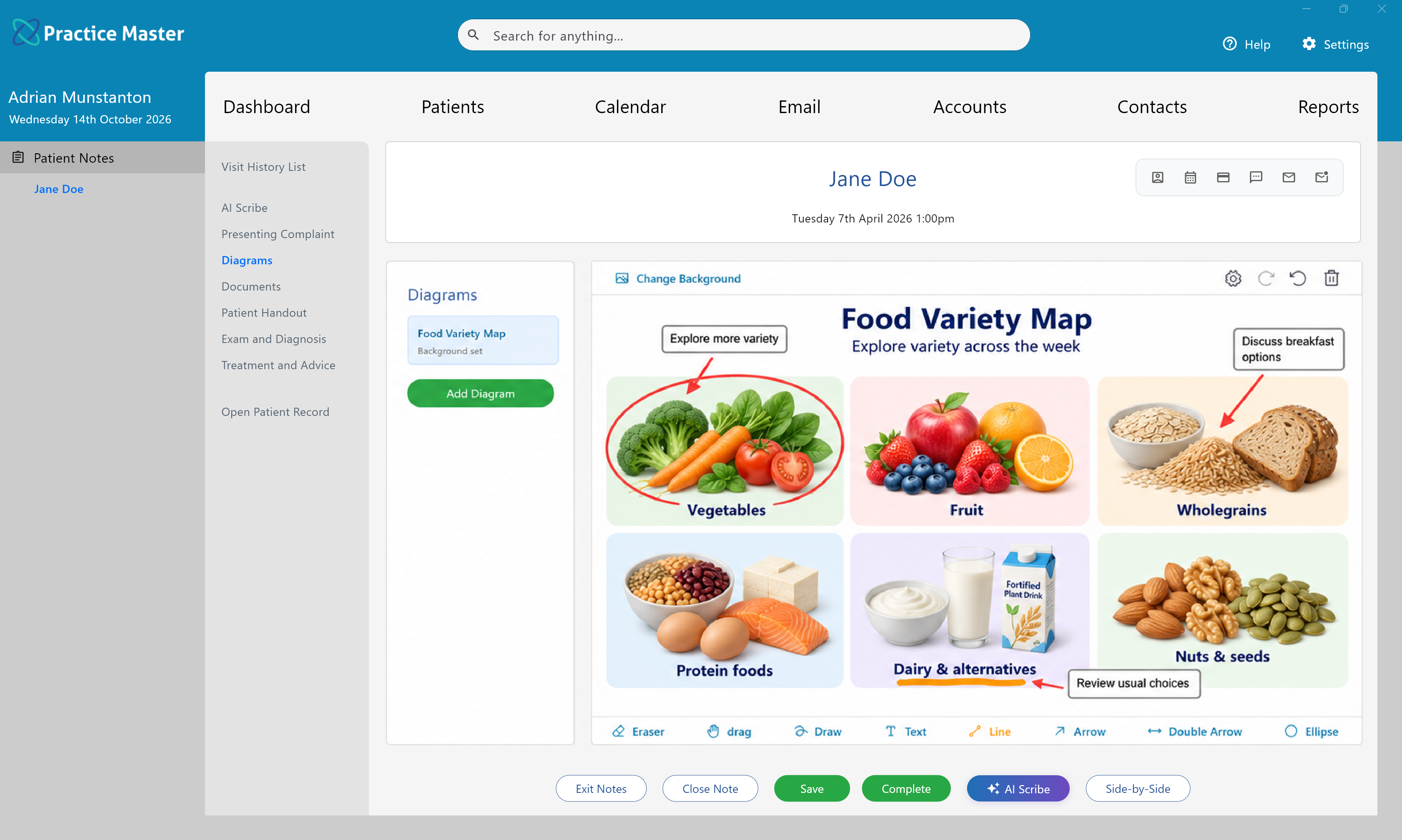 Diagrams tab showing nutritionist diagrams in Practice Master Pro patient notes