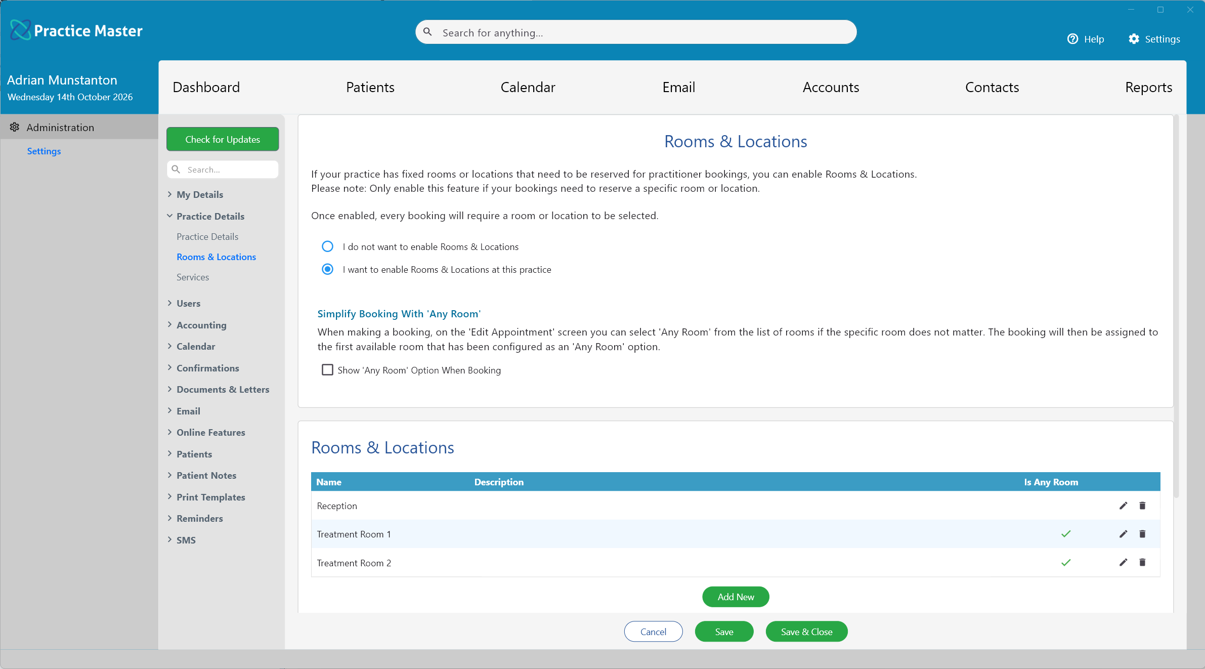 Rooms and locations in the Practice Master Pro calendar