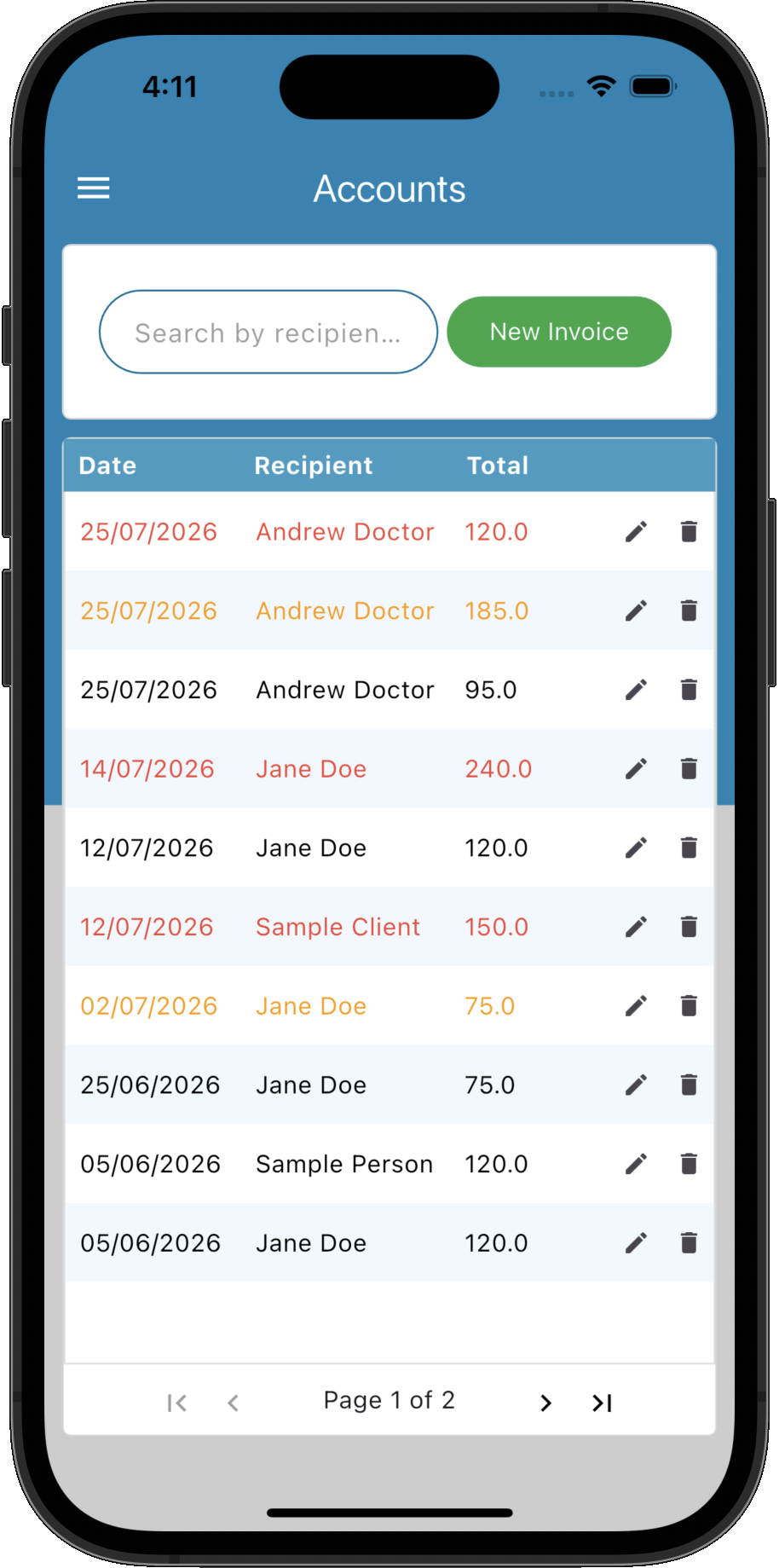 Patient accounts screen in Practice Master Pro