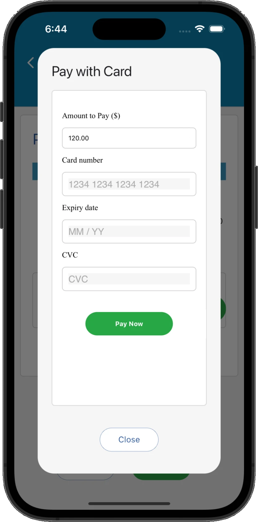 Card payment workflow within Practice Master Pro patient accounts