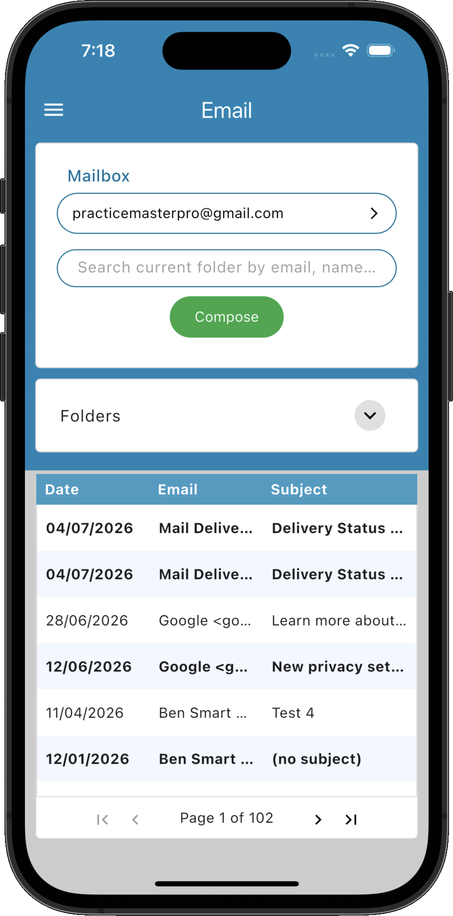 Integrated email inbox in Practice Master Pro