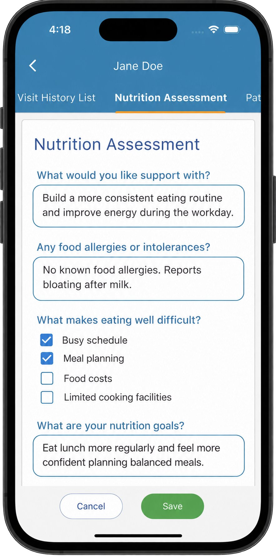 Custom dietitian assessment template open in patient notes