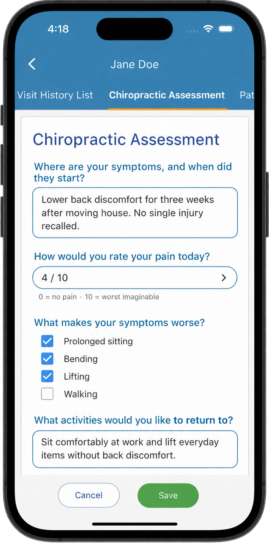 Custom chiropractic consultation template open in patient notes
