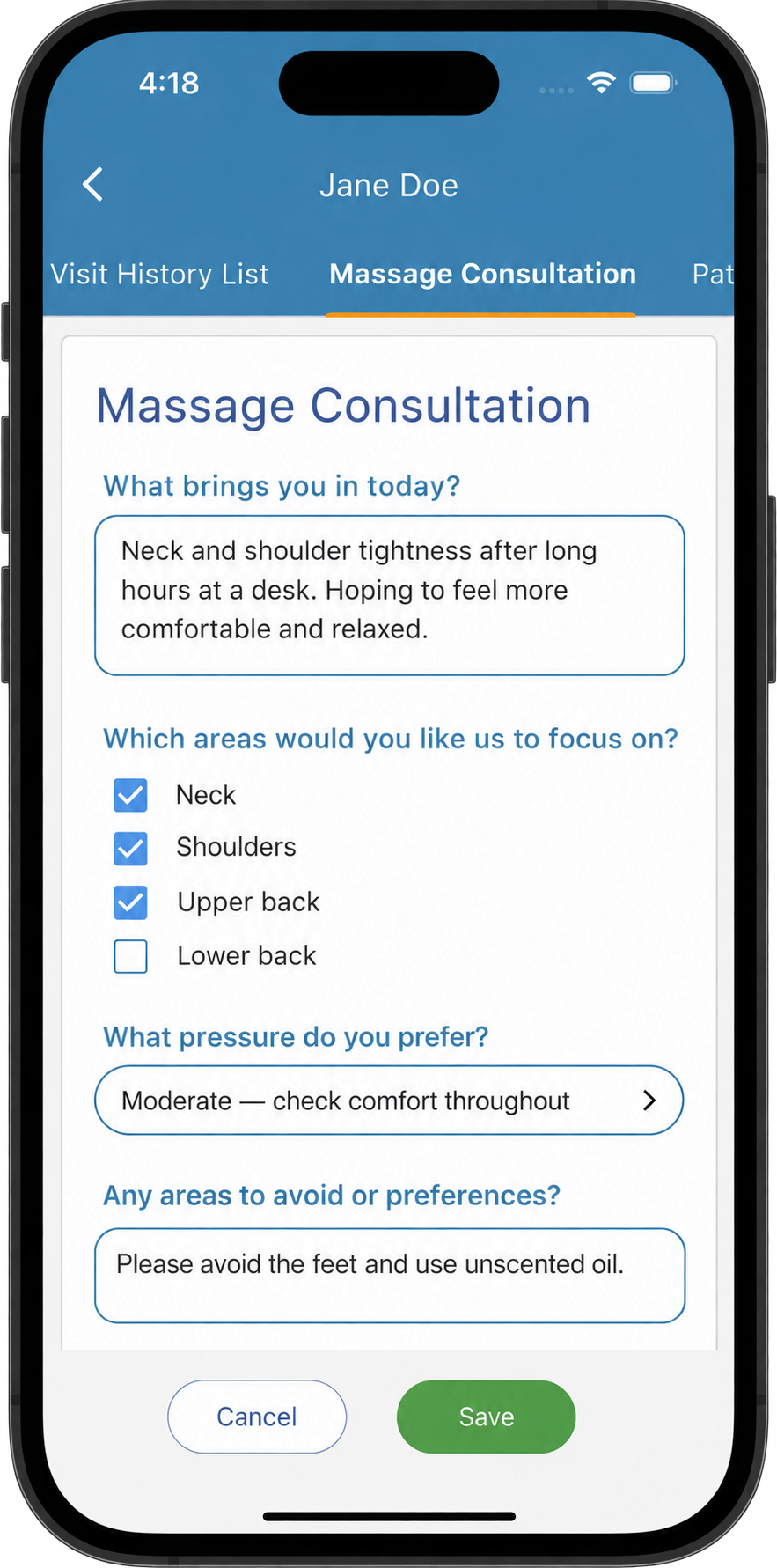 Custom massage therapy treatment template open in patient notes