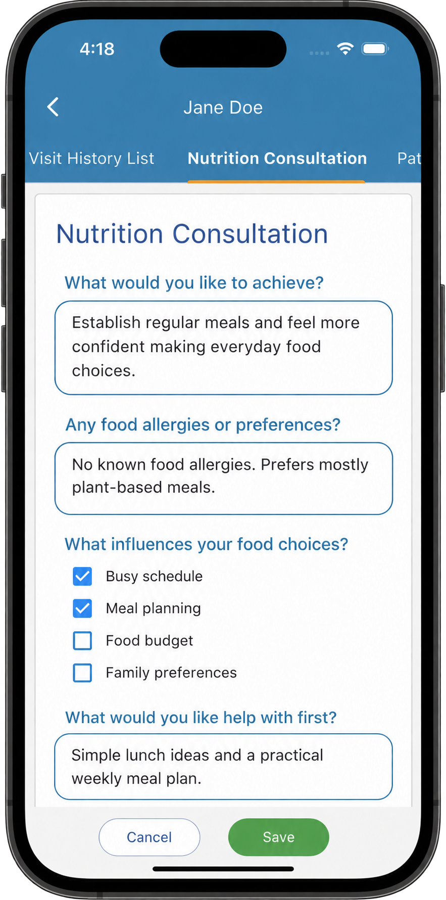 Custom nutritionist assessment template open in patient notes