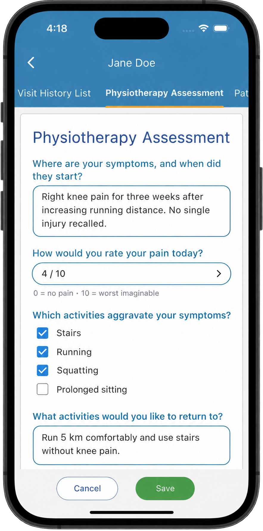 Custom physiotherapy assessment template open in patient notes