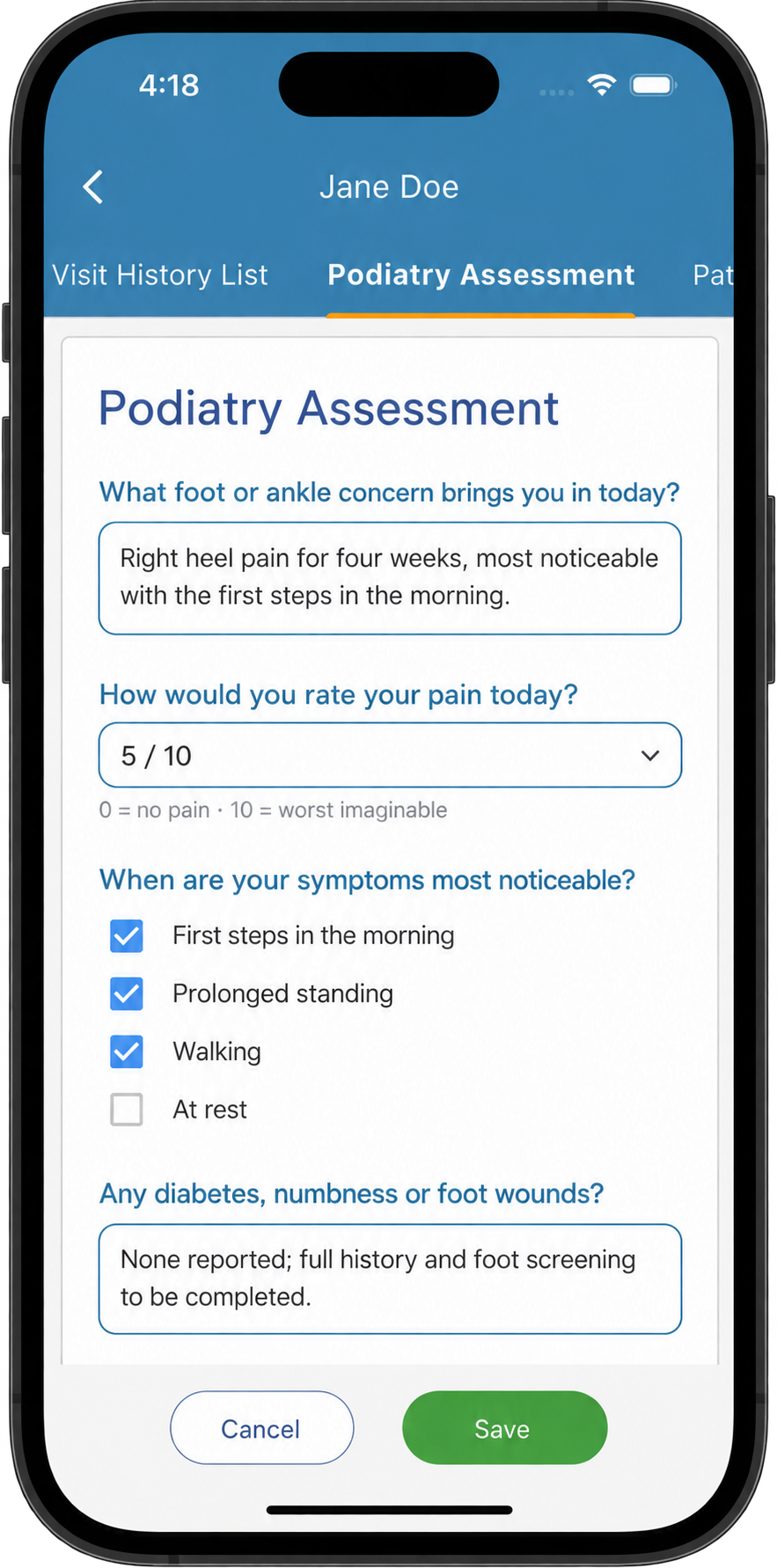 Custom podiatry assessment template open in patient notes