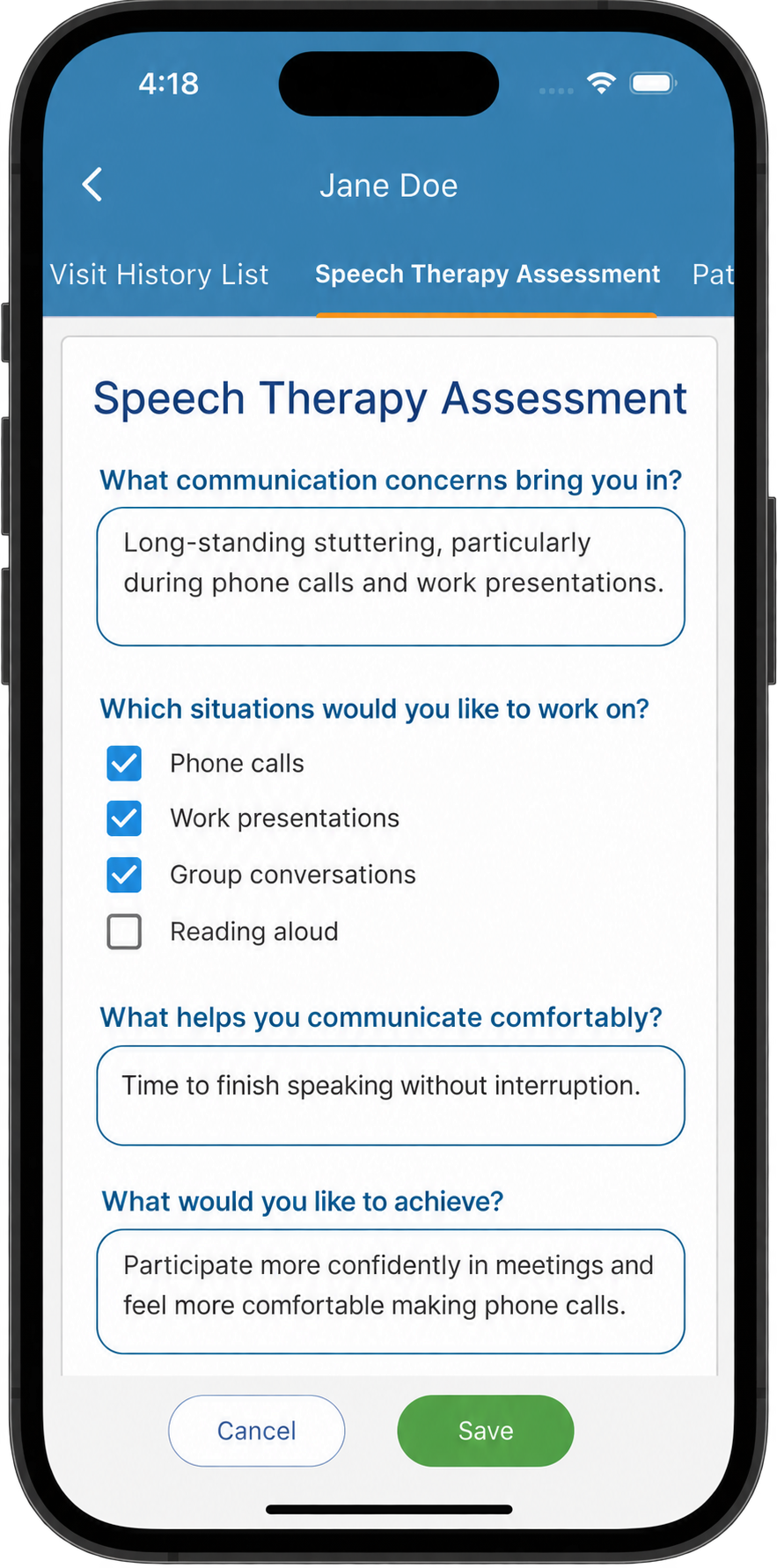 Custom speech therapy session template open in patient notes