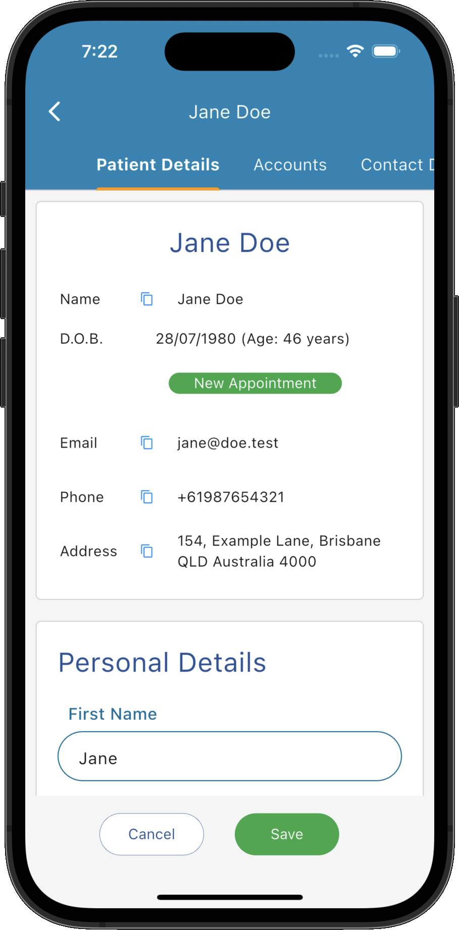 Patient record details in Practice Master Pro